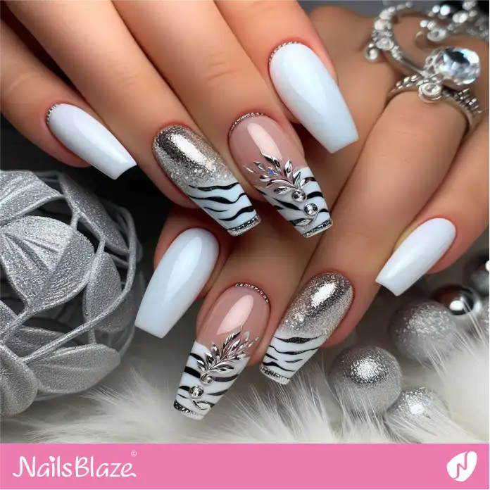 Zebra French Tips with Embellishments | Animal Print Nails - NB2491